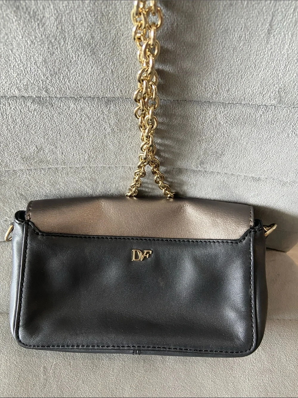 Diane Von Furstenberg Metallic Taupe and Black Crossbody with Gold Lip Accent